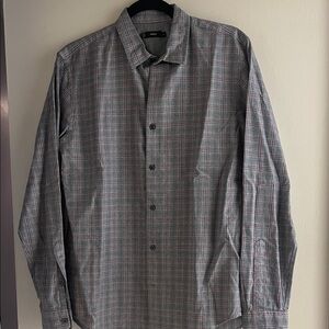 Vince Men's Gray and Red Plaid Dress Shirt